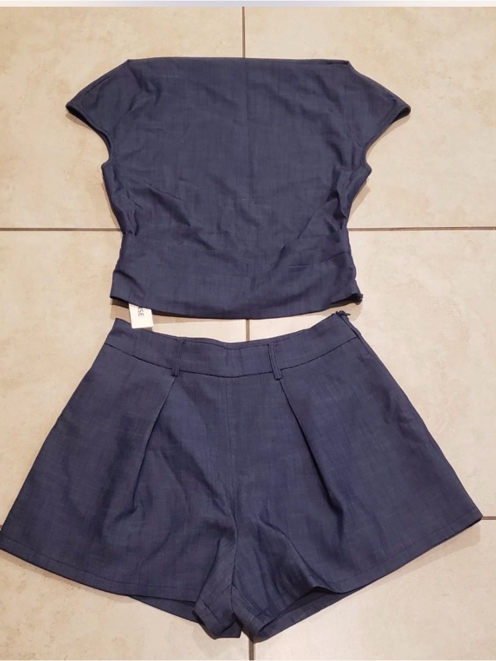Commense Asymmetric Off- Shoulder Denim Top Belted Shorts Set